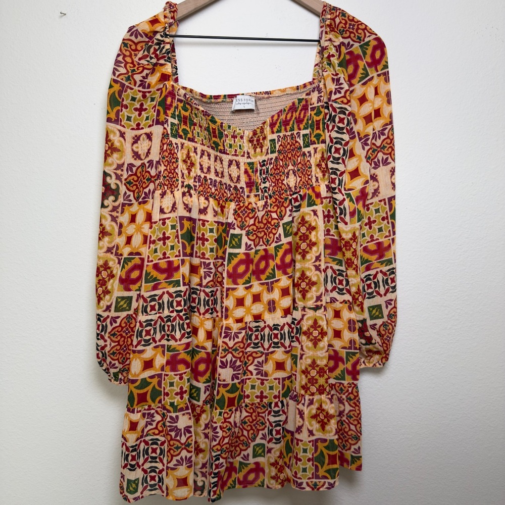 Aritzia Dress Forum Women Mini Dress Large Patchwork Boho Square Neck Puff Sleev - Picture 2 of 10